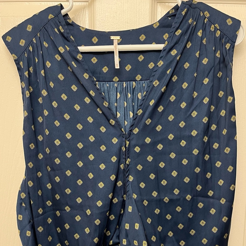 Free People Navy and Gold Patterned Blouse